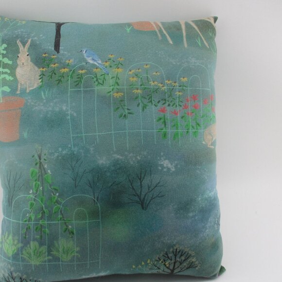 15" x 13.5" Garden Rabbit and Deer Pillow in Gray and Green stuffed lumbar firm. - Picture 2 of 3